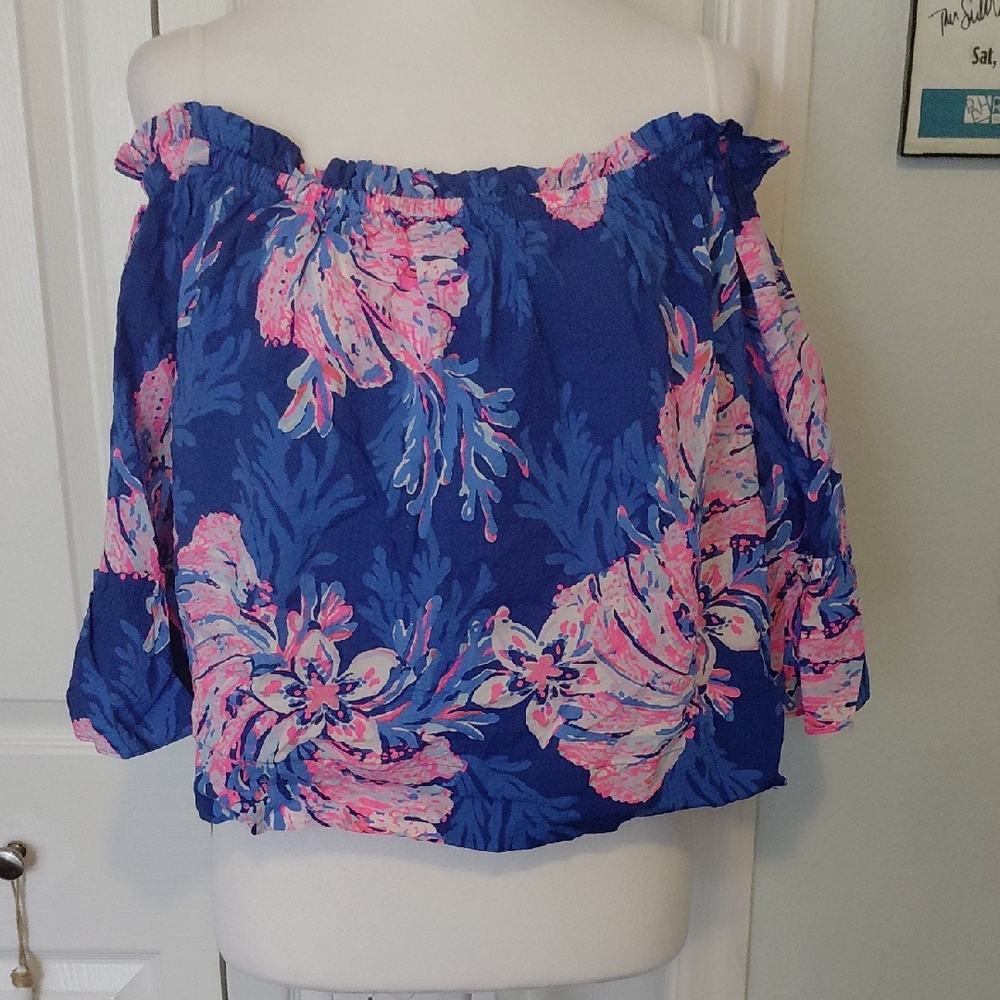 Lilly Pulitzer Vibrant Blue and Pink Off-Shoulder Blouse